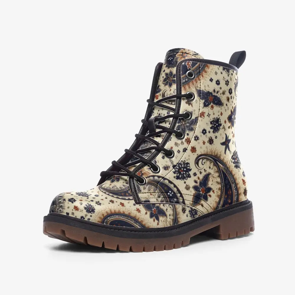 Beige and Blue Paisley Bandana Vegan Leather Boots - 3 Men -