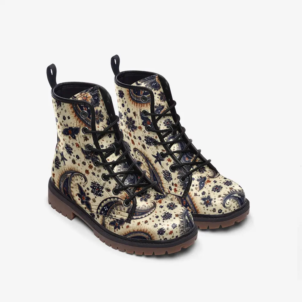 Beige and Blue Paisley Bandana Vegan Leather Boots - Shoes