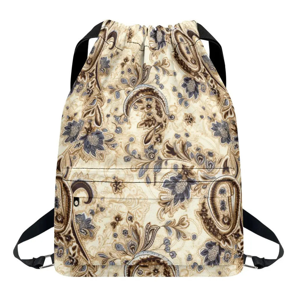 Beige Paisley Bandana Drawstring Backpack - ONESIZE