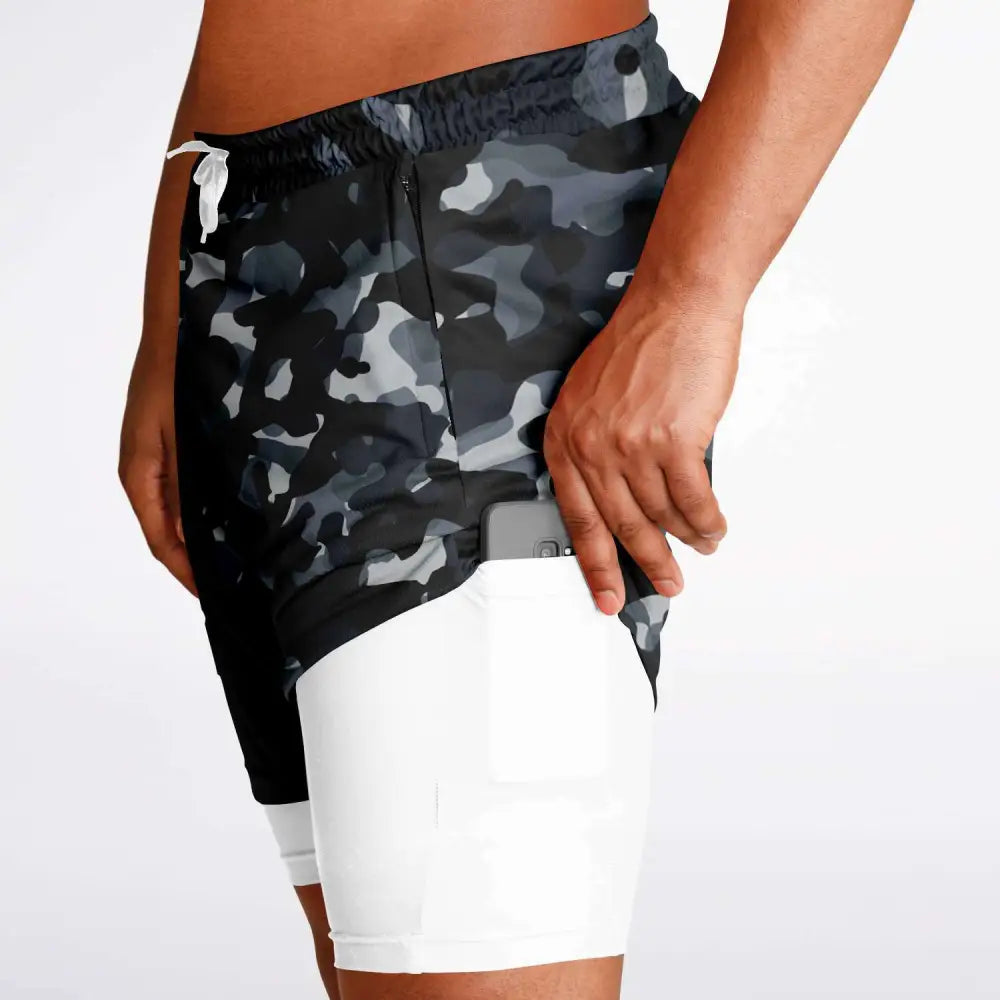 Black and Grey Camo 2-in-1 Shorts - Men’s 2-in-1 Shorts -