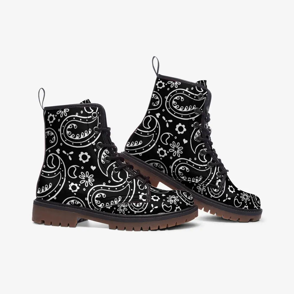 Black Bandana Vegan Leather Boots - Shoes