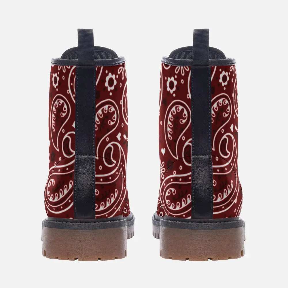 Dark Red Paisley Bandana Vegan Leather Boots - Shoes