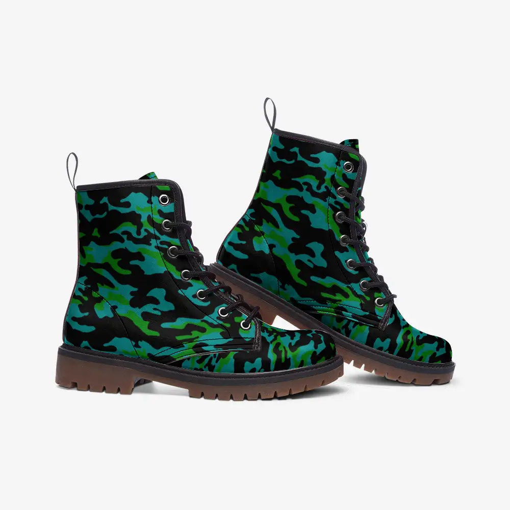 Green and Blue Camo Vegan Leather Boots - Shoes