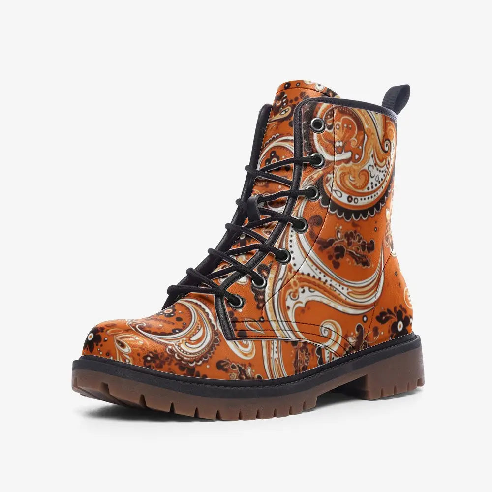 Orange Paisley Vegan Leather Boots - 3 Men / Black - Shoes