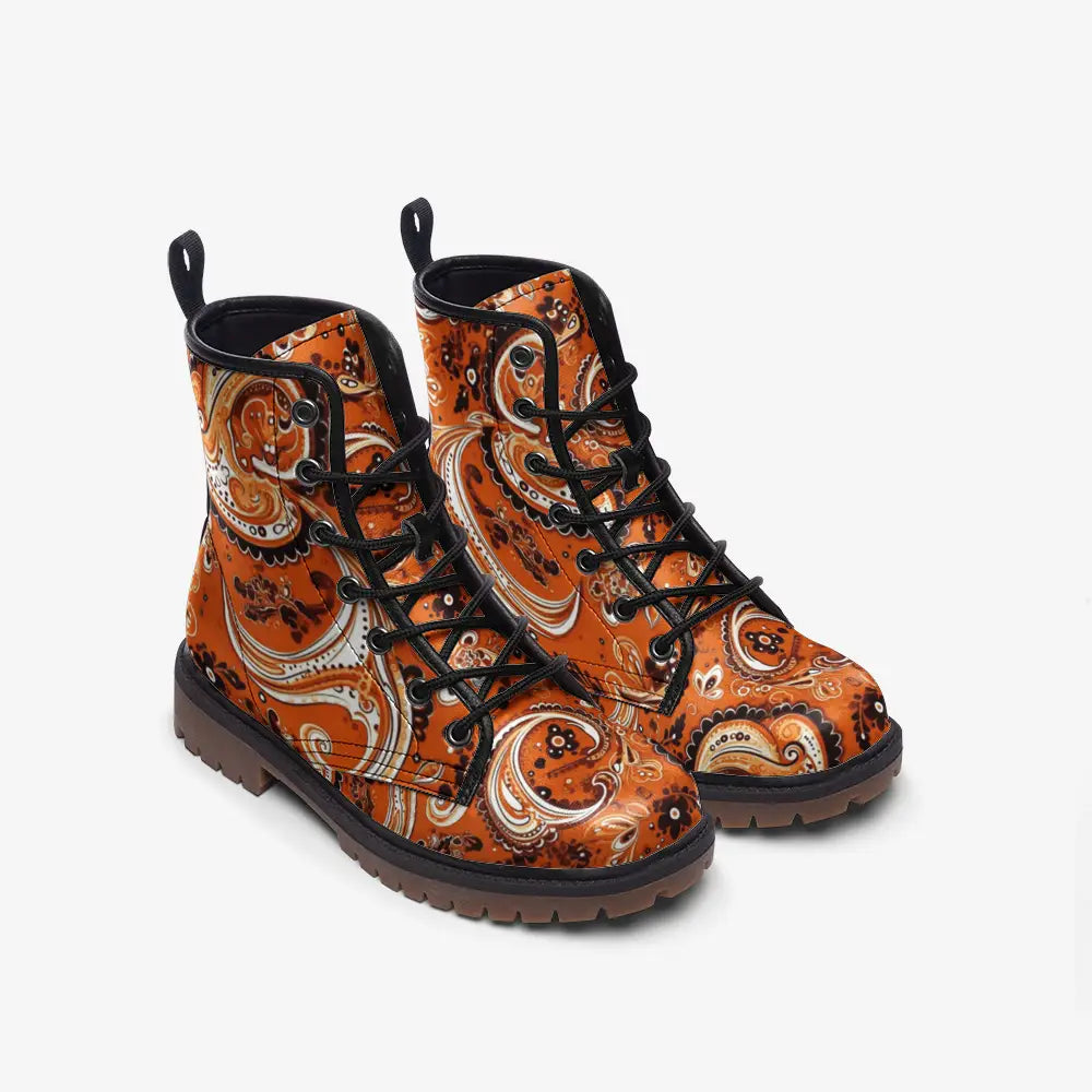 Orange Paisley Vegan Leather Boots - Shoes