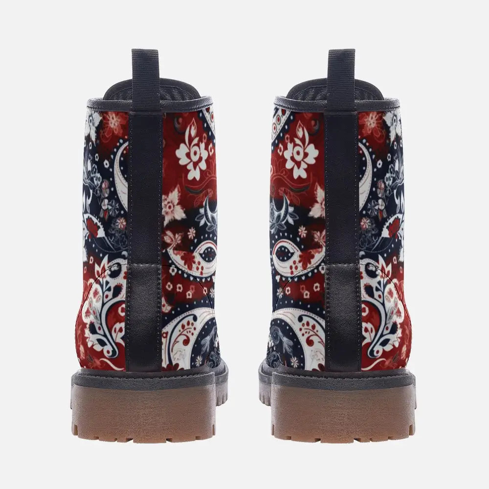Red and Blue Paisley Bandana Vegan Leather Boots - Shoes