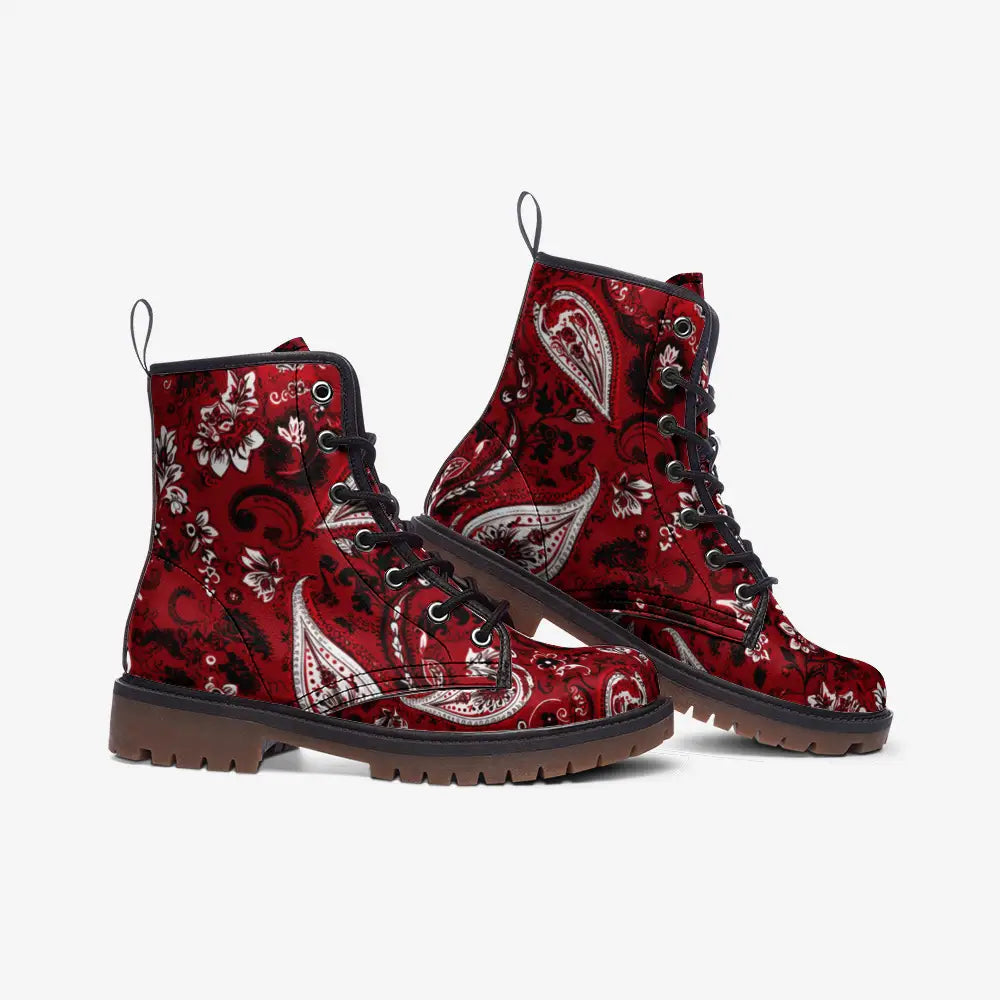 Red Paisley Bandana Vegan Leather Boots - Shoes