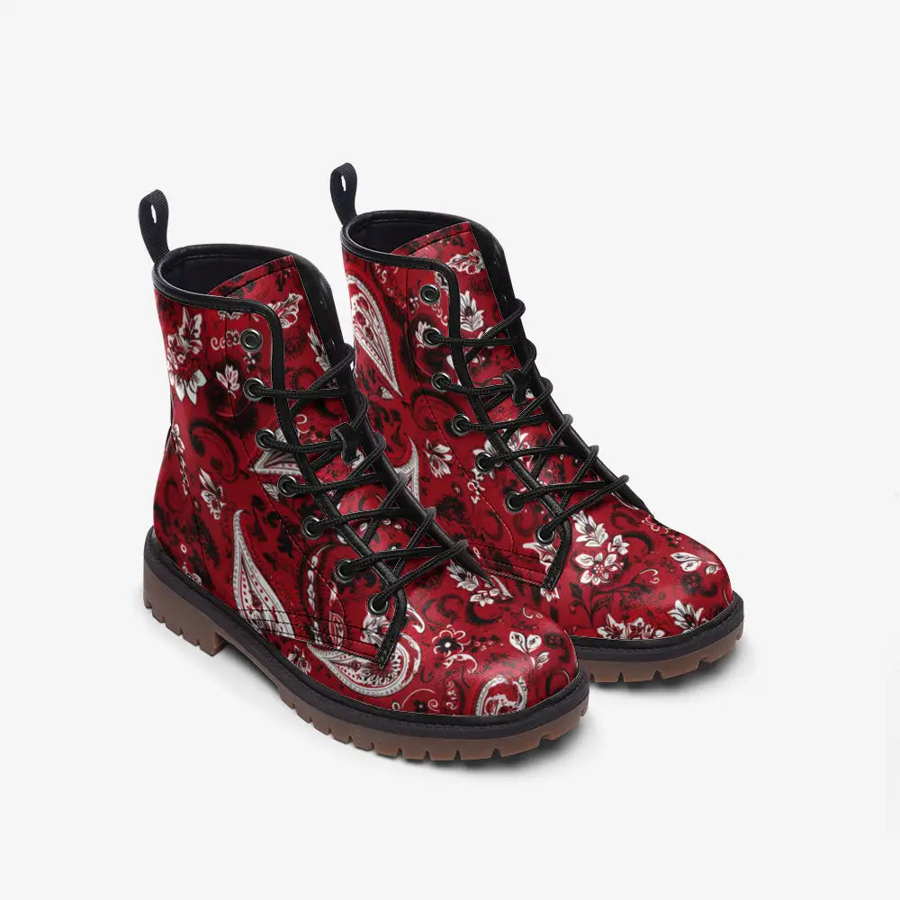 Red Paisley Bandana Vegan Leather Boots - Shoes