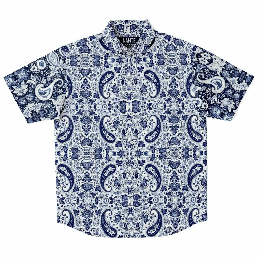 White and Blue Bandana Short Sleeve Button Down Shirt - XS -