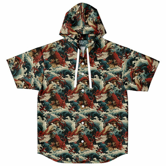 Hooded Red Dragon and Waves Baseball Jersey