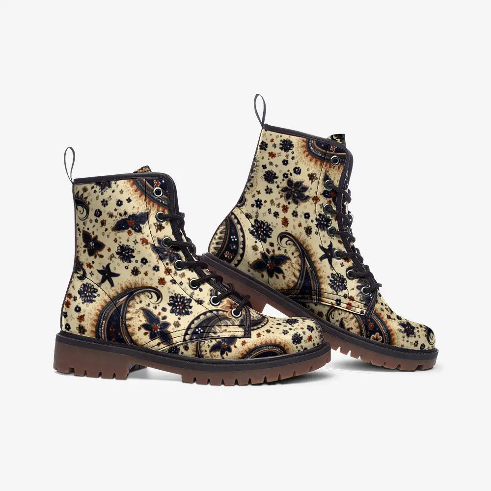 Beige and Blue Paisley Bandana Vegan Leather Boots - Shoes