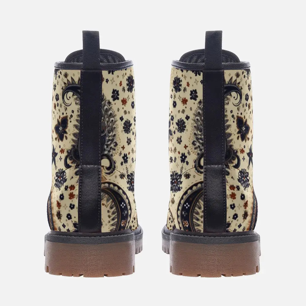 Beige and Blue Paisley Bandana Vegan Leather Boots - Shoes