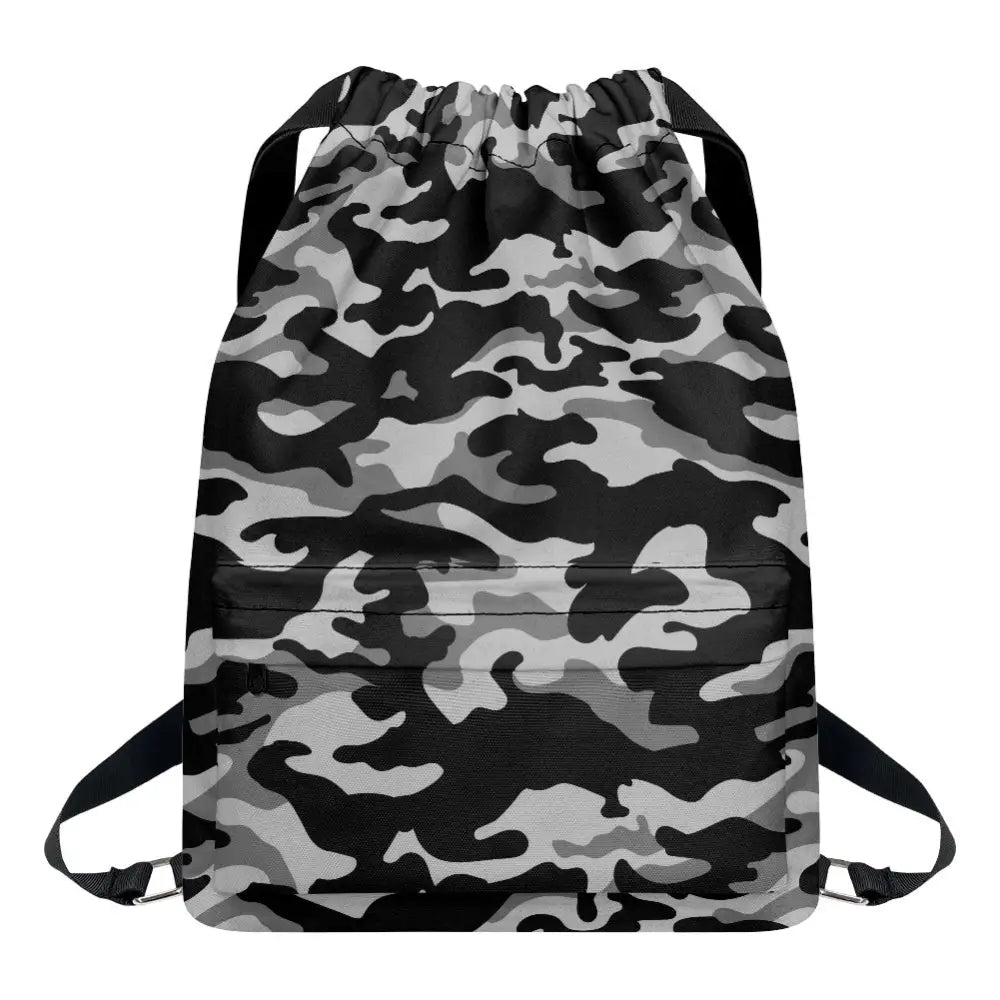 Black and Gray Camo Drawstring Backpack - ONESIZE