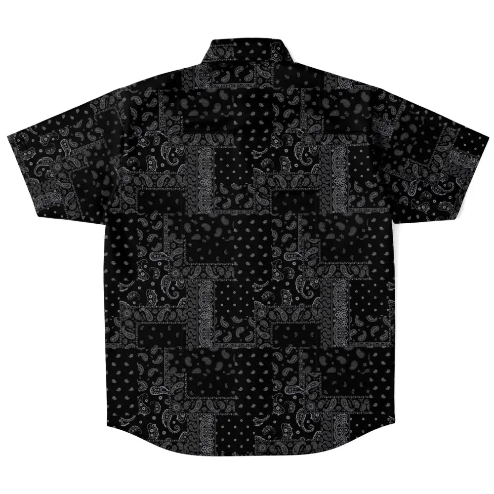 Black Bandana Patch Short Sleeve Button Down Shirt - Short