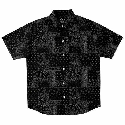 Black Bandana Patch Short Sleeve Button Down Shirt - XS -