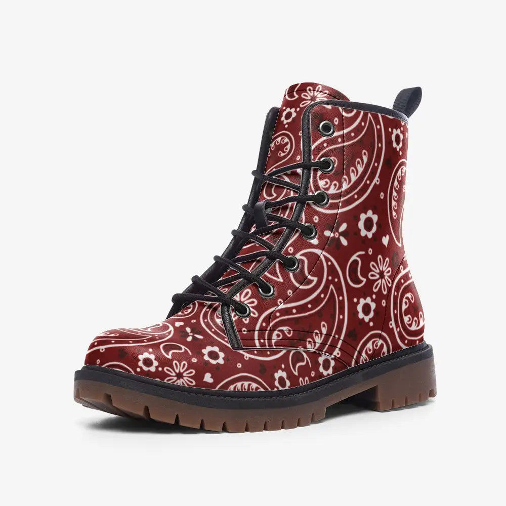 Dark Red Paisley Bandana Vegan Leather Boots - 3 Men - Shoes