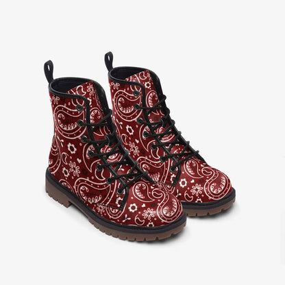 Dark Red Paisley Bandana Vegan Leather Boots - Shoes