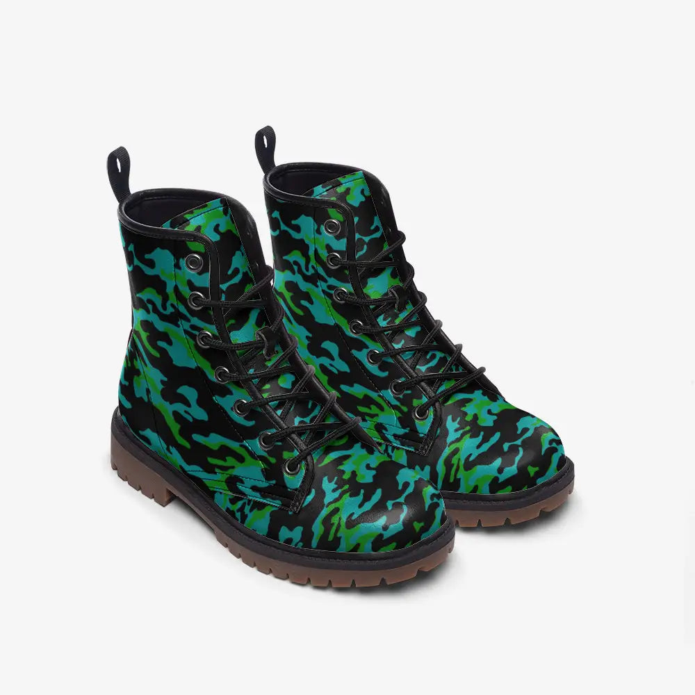 Green and Blue Camo Vegan Leather Boots - Shoes