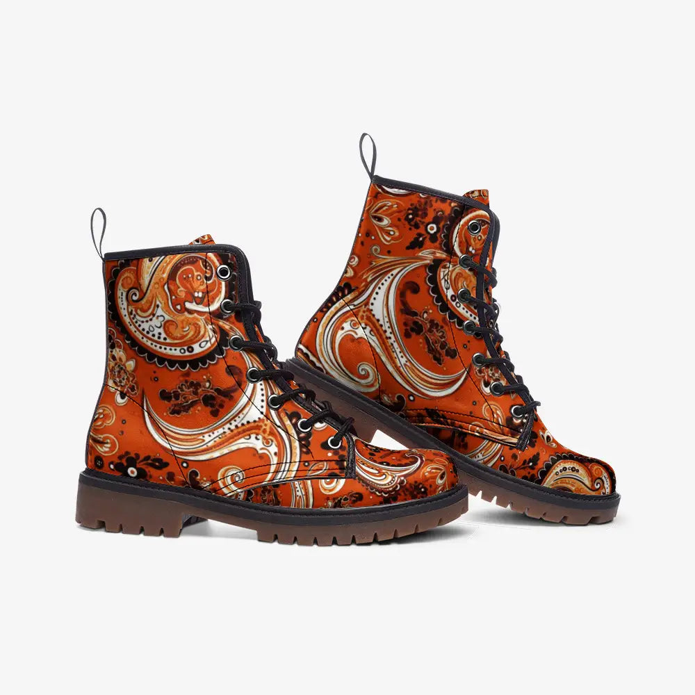 Orange Paisley Vegan Leather Boots - Shoes