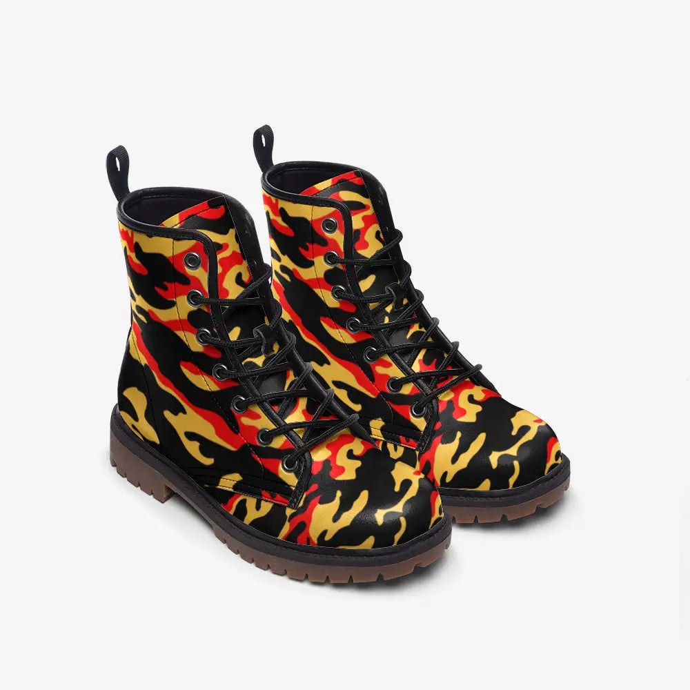 Orange Yellow and Black Camo Vegan Leather Boots - Shoes