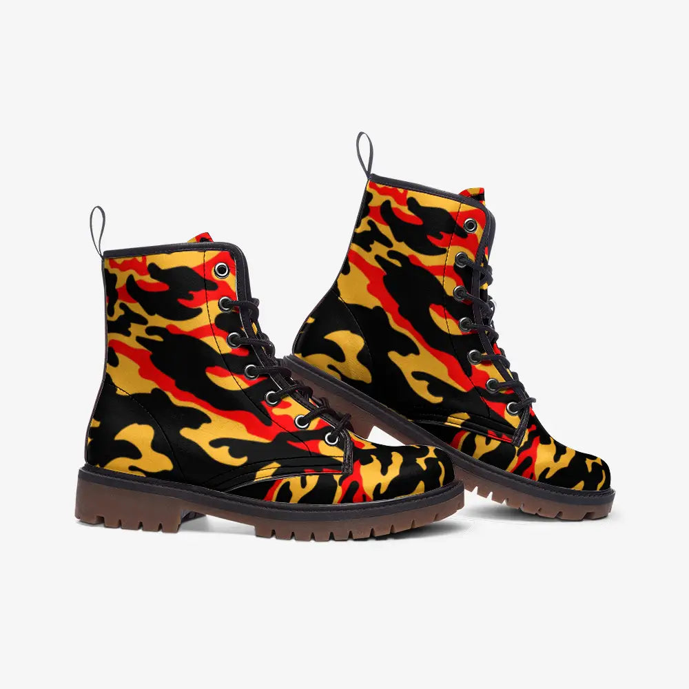 Orange Yellow and Black Camo Vegan Leather Boots - Shoes