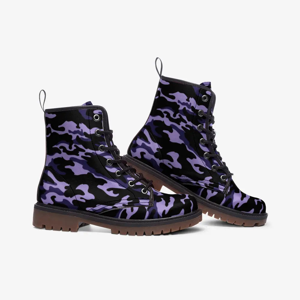 Purple and Black Camo Vegan Leather Boots - Shoes