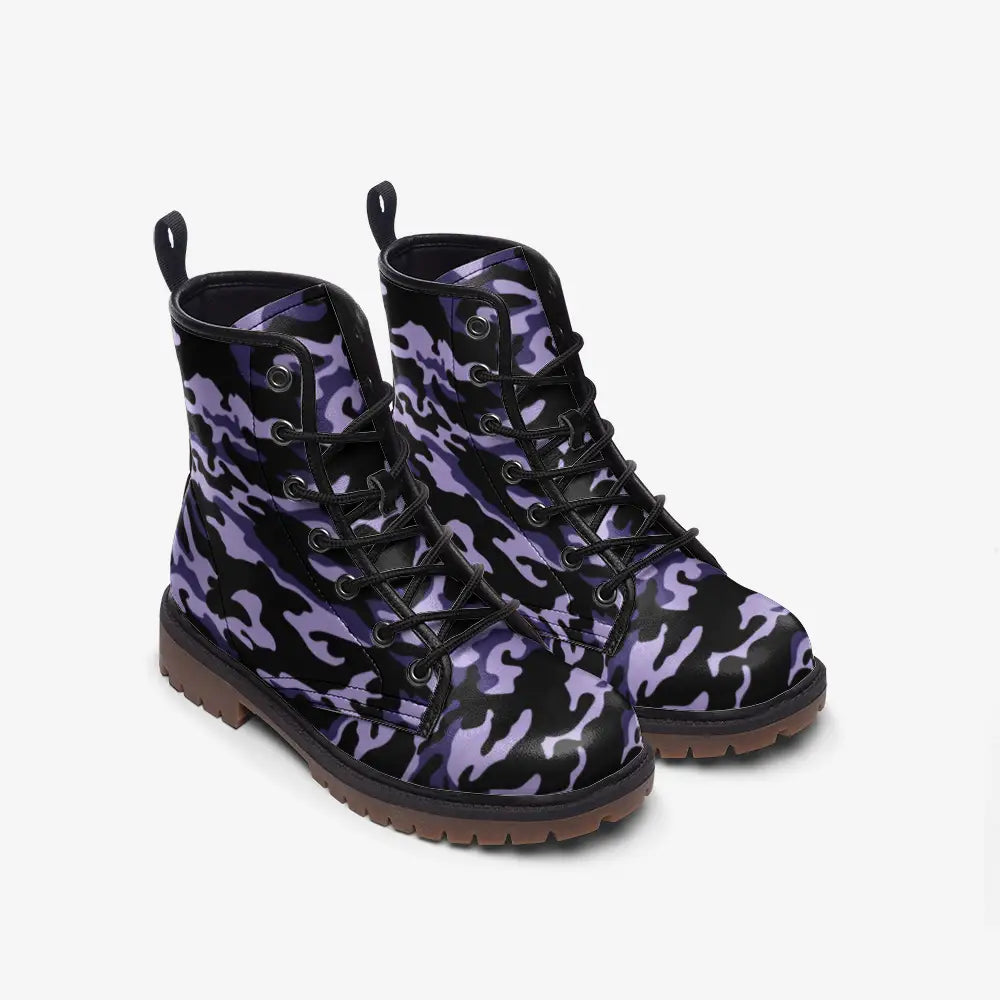 Purple and Black Camo Vegan Leather Boots - Shoes