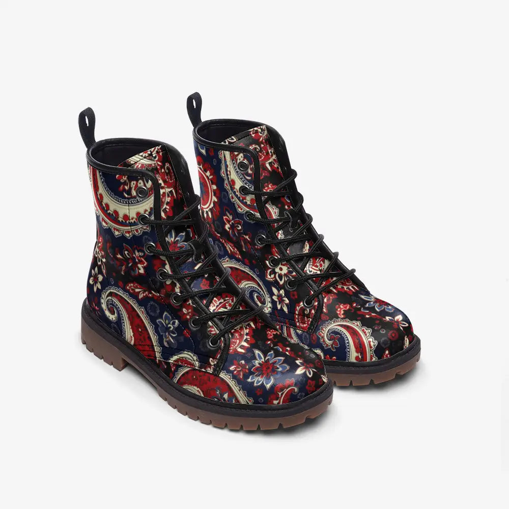 Red and Blue Paisley Bandana Vegan Leather Boots - Shoes