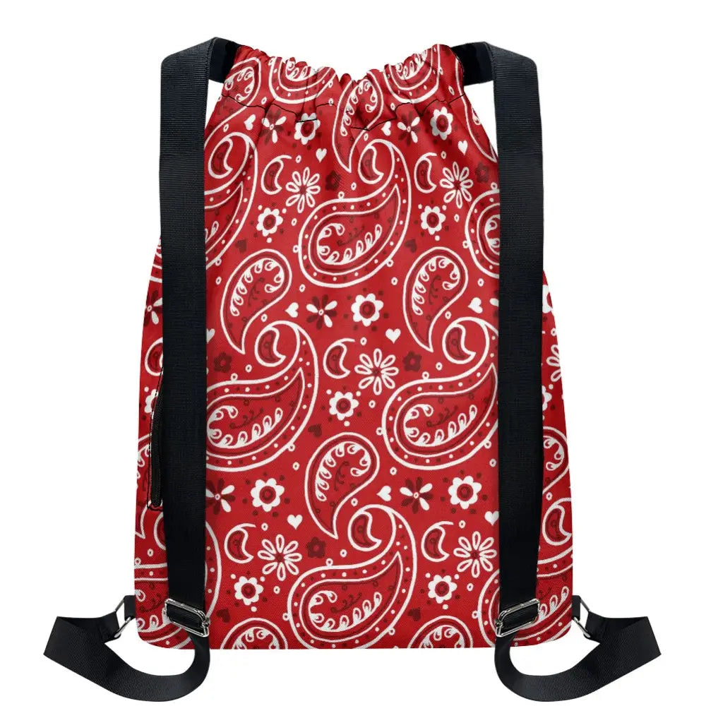 Red Paisley Bandana Drawstring Backpack - ONESIZE