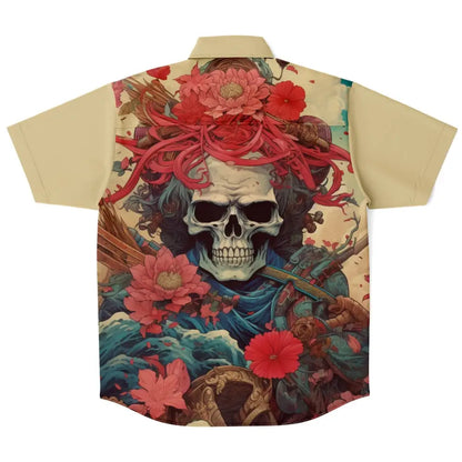 Skull and Flowers Short Sleeve Button Down Shirt - Short