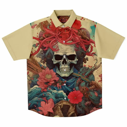 Skull and Flowers Short Sleeve Button Down Shirt - XS -