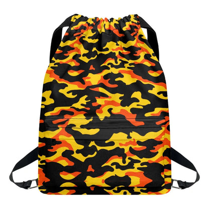 Yellow Orange and Black Camo Drawstring Backpack - ONESIZE