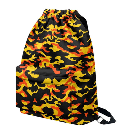 Yellow Orange and Black Camo Drawstring Backpack - ONESIZE